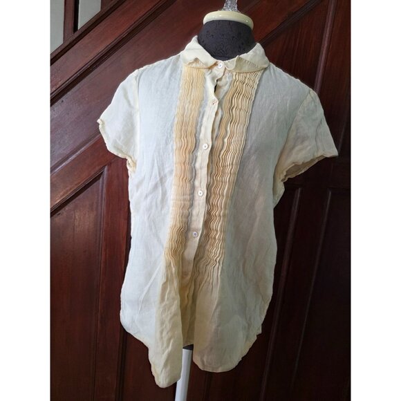 Talbots Womens Pure Irish Linen Yellow Short Sleeve Pleated Button-Up Shirt L - Picture 2 of 8